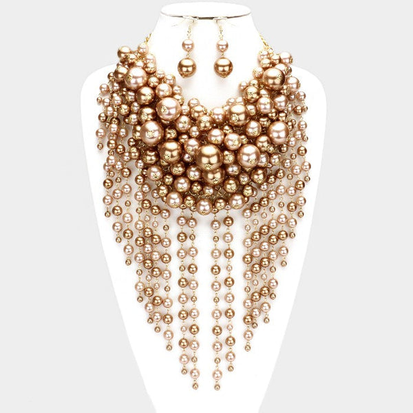 Pearl Strand Fringe Bib Necklace