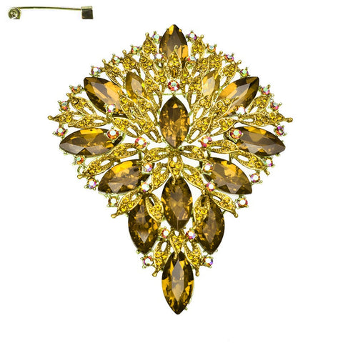 LARGE GOLD BROOCH YELLOW RHINESTONES