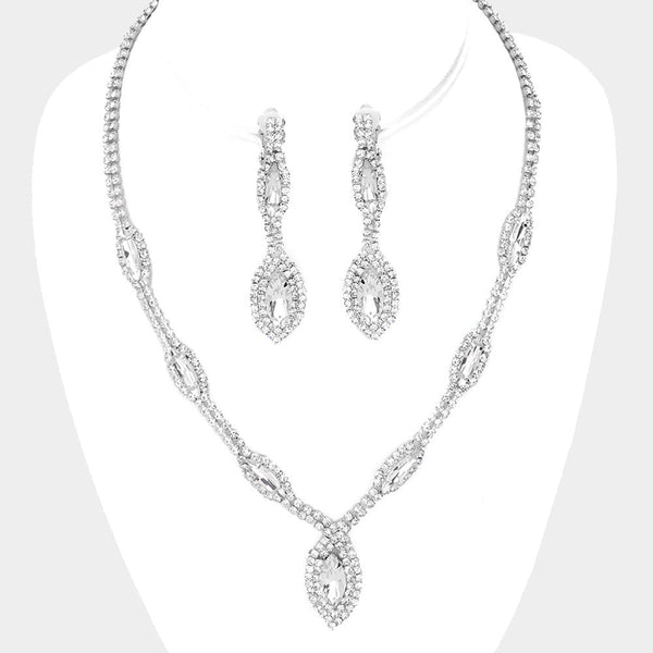 Marquise Crystal Rhinestone Drop Necklace Clip On Earring Set