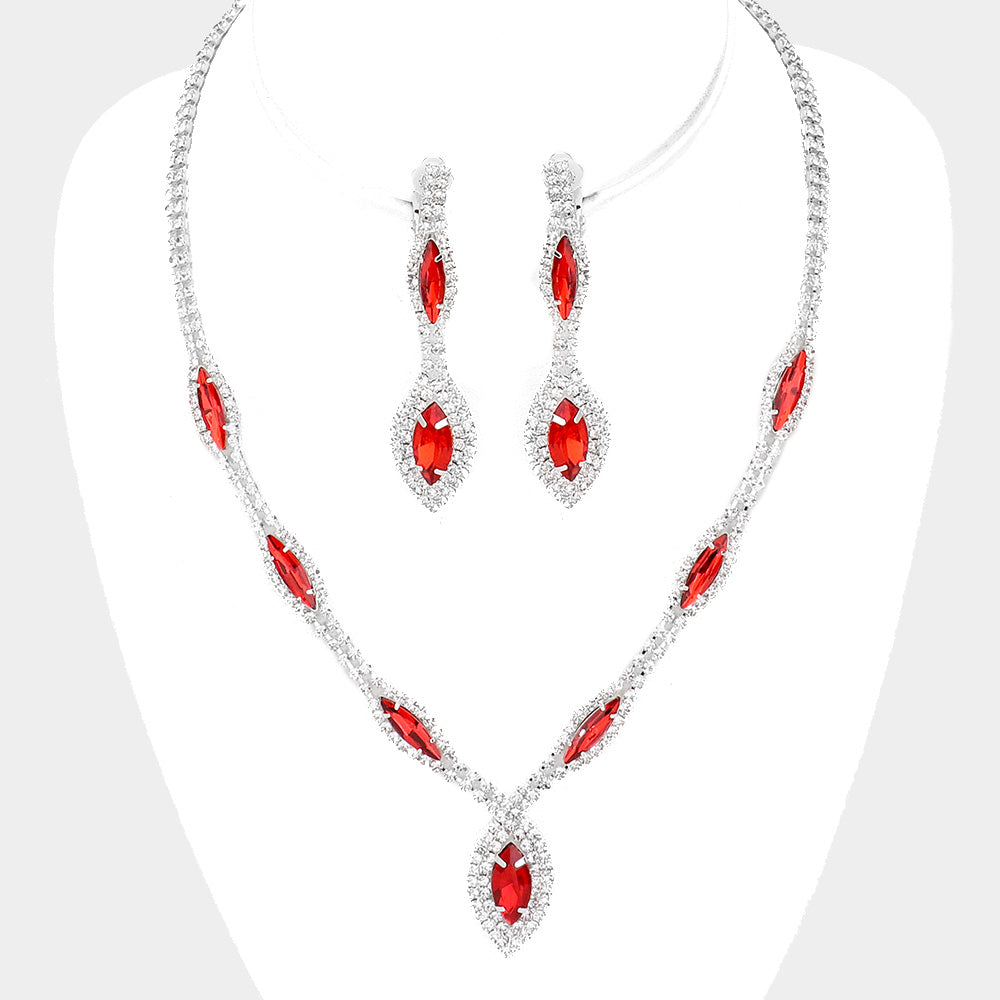 Marquise Crystal Rhinestone Drop Necklace Clip On Earring Set