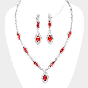 Marquise Crystal Rhinestone Drop Necklace Clip On Earring Set
