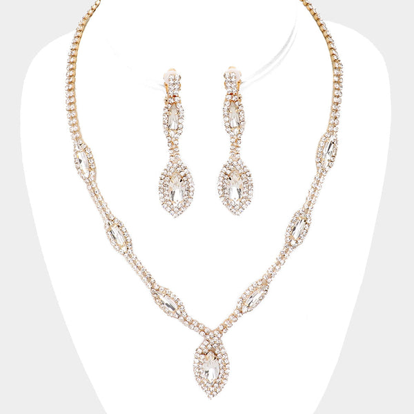 Marquise Crystal Rhinestone Drop Necklace Clip On Earring Set