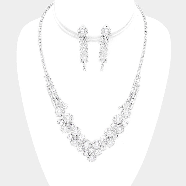 Pearl Rhinestone Cluster Necklace Clip On Earring Set