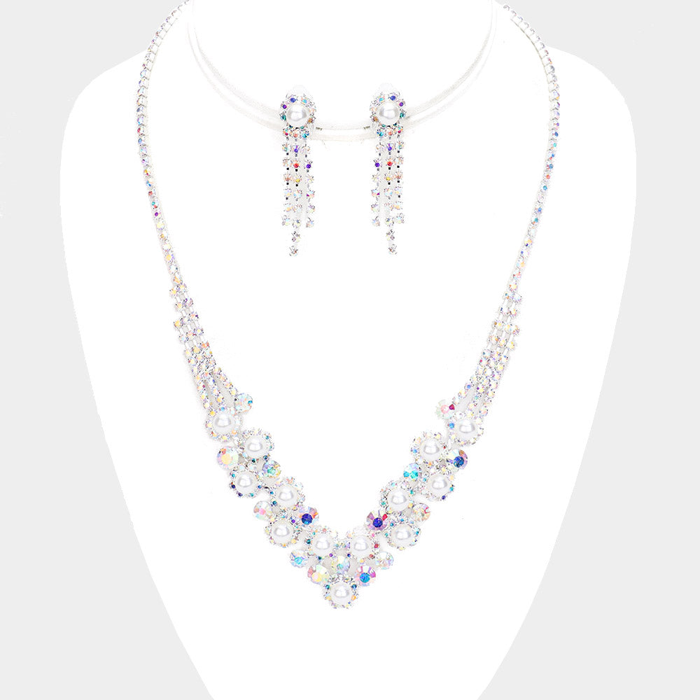 Pearl Rhinestone Cluster Necklace Clip On Earring Set