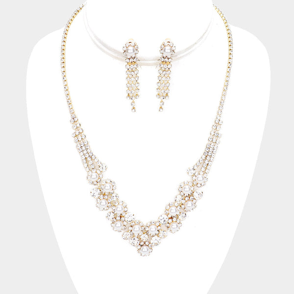 Pearl Rhinestone Cluster Necklace Clip On Earring Set