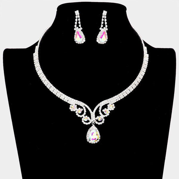 Rhinestone Pave Crystal Teardrop Dangle Necklace
