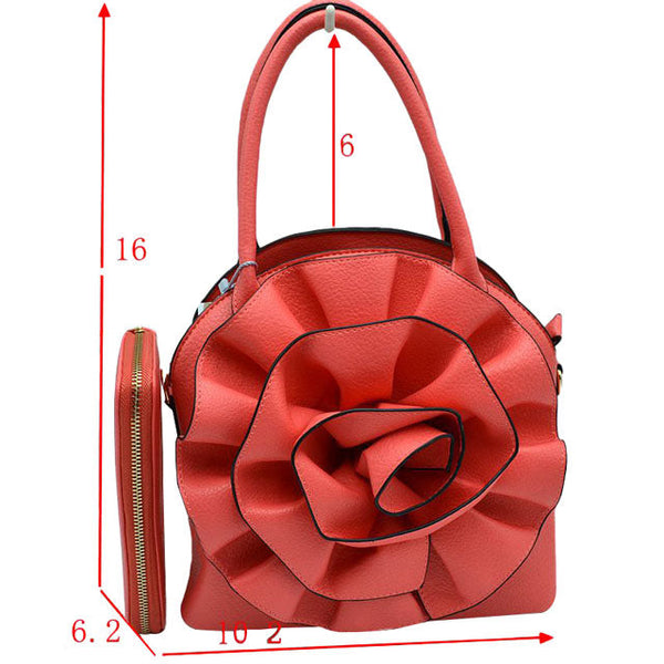 Floral Detailed Vegan Leather Handbag Satchel With Wallet