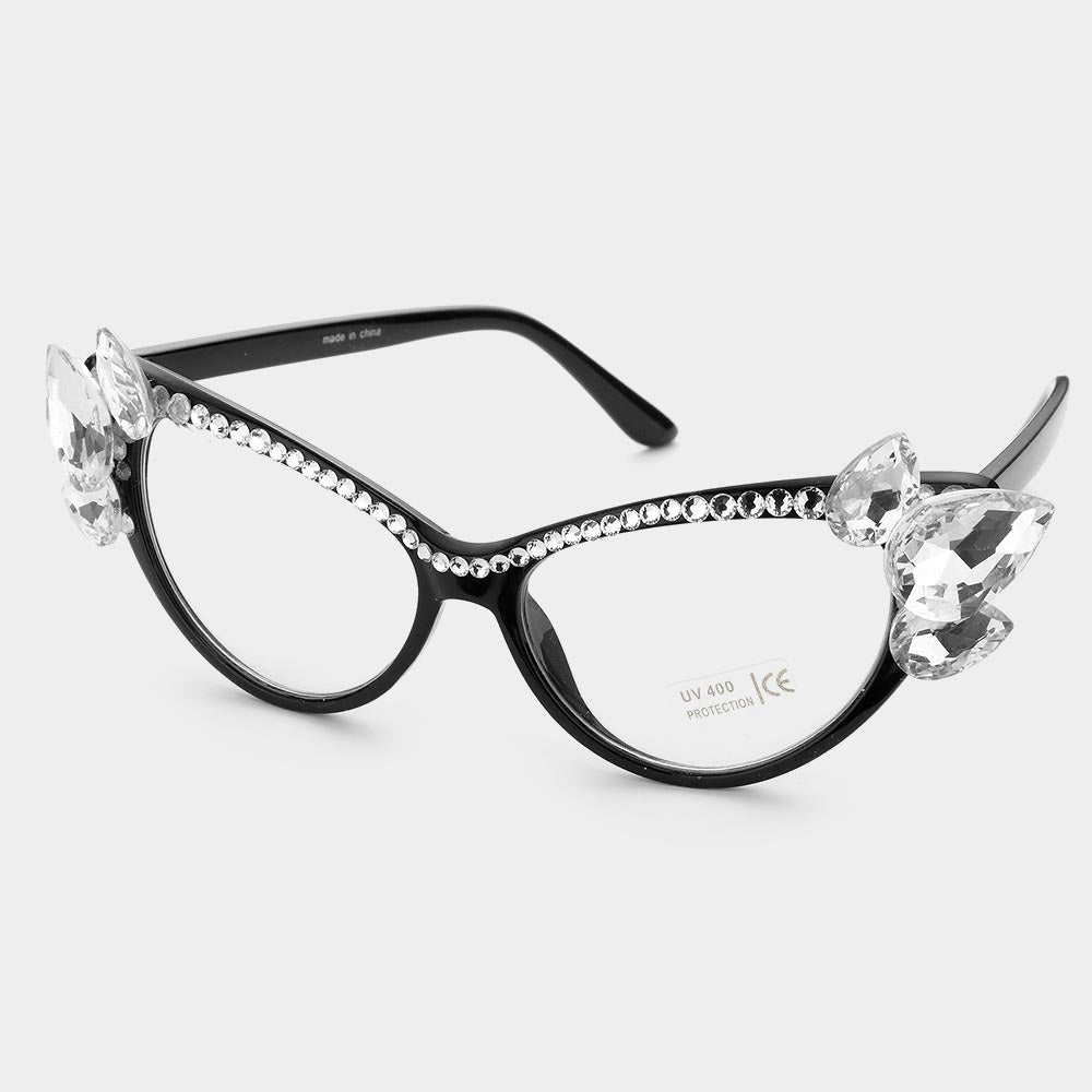 Crystal Embellished Cat Eye Clear Lens Sunglasses