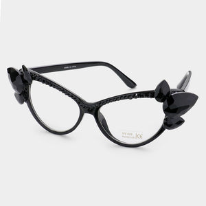 Crystal Embellished Jet Black Cat Eye Clear Lens Sunglasses