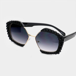 Crystal Embellished Jet Black Detail Pentagon Sunglasses