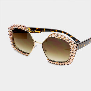 Peach Crystal Embellished Detail Pentagon Sunglasses