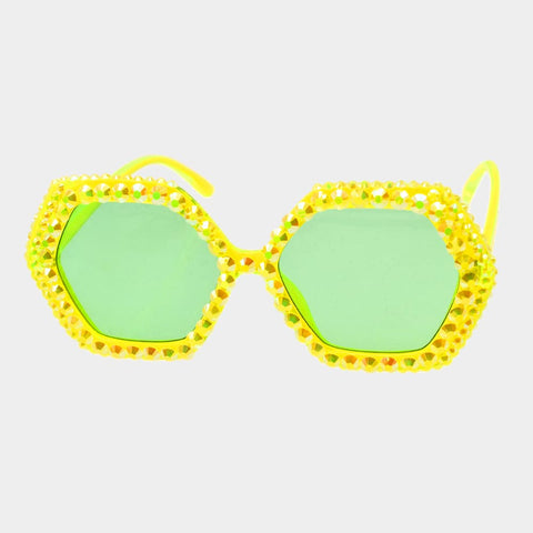 Lime Bling Stone Embellished Hexagon Sunglasses