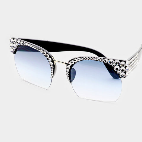 Crystal Embellished Detail Half Frame Black Sunglasses