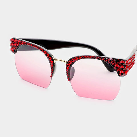 Crystal Embellished Detail Half Frame Pink Sunglasses