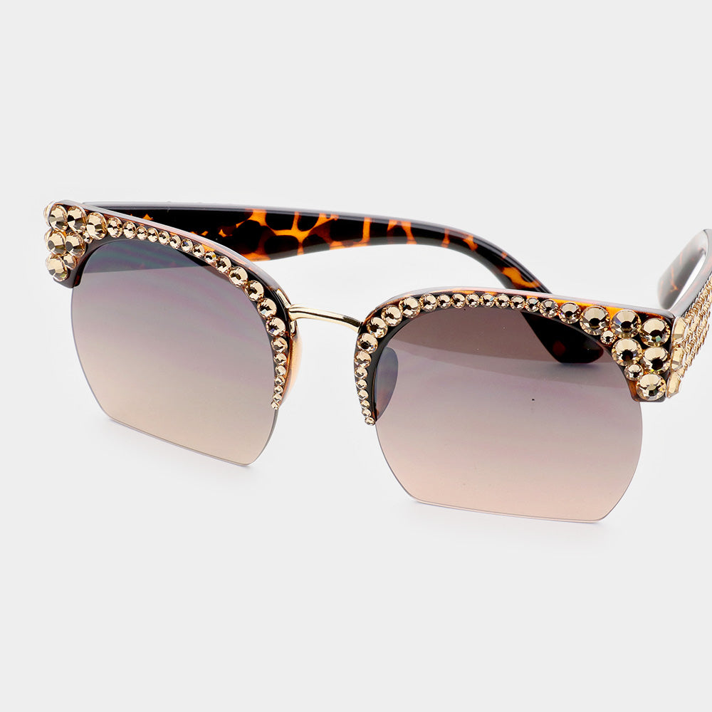 Crystal Brown Embellished Detail Half Frame Sunglasses