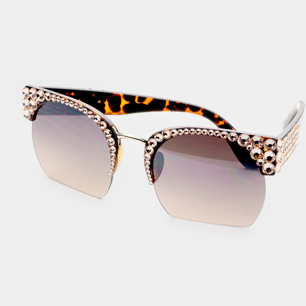 Crystal Embellished Detail Half Peach Frame Sunglasses