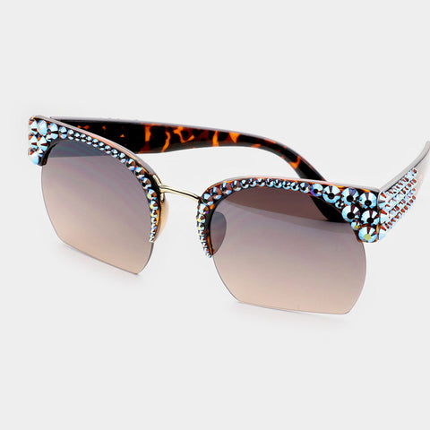 Crystal Embellished Detail Half Brown Frame Sunglasses