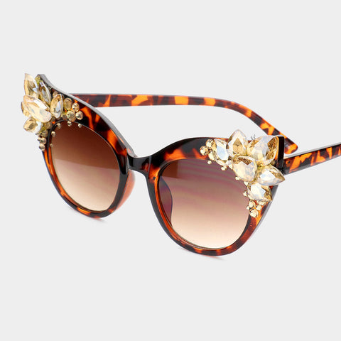 Crystal Embellished Light Topaz Detail Cat Eye Sunglasses