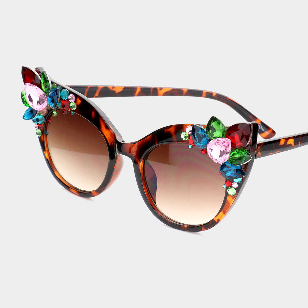 Multi Color Crystal Embellished Detail Cat Eye Sunglasses