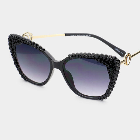 Jet Black Crystal Embellished Detail Cat Eye Sunglasses
