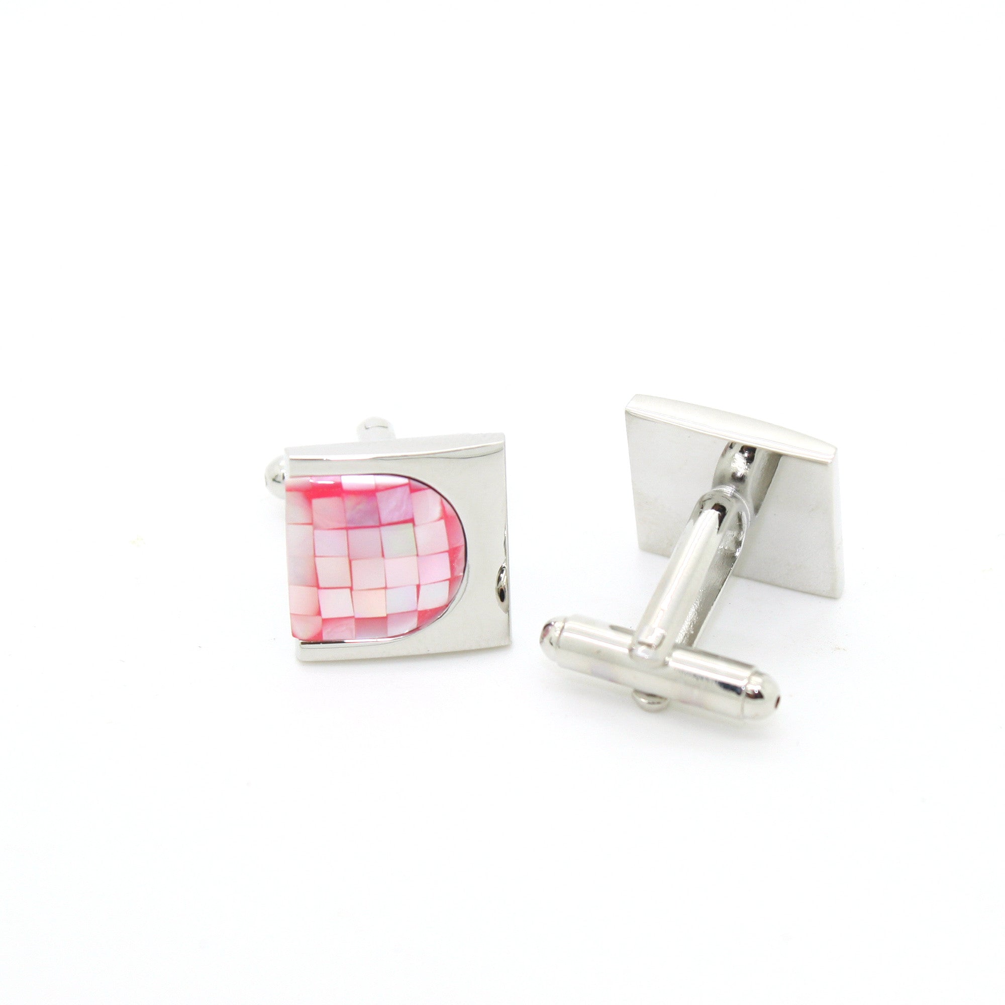 Silvertone U Pink Shell Cuff Links With Jewelry Box