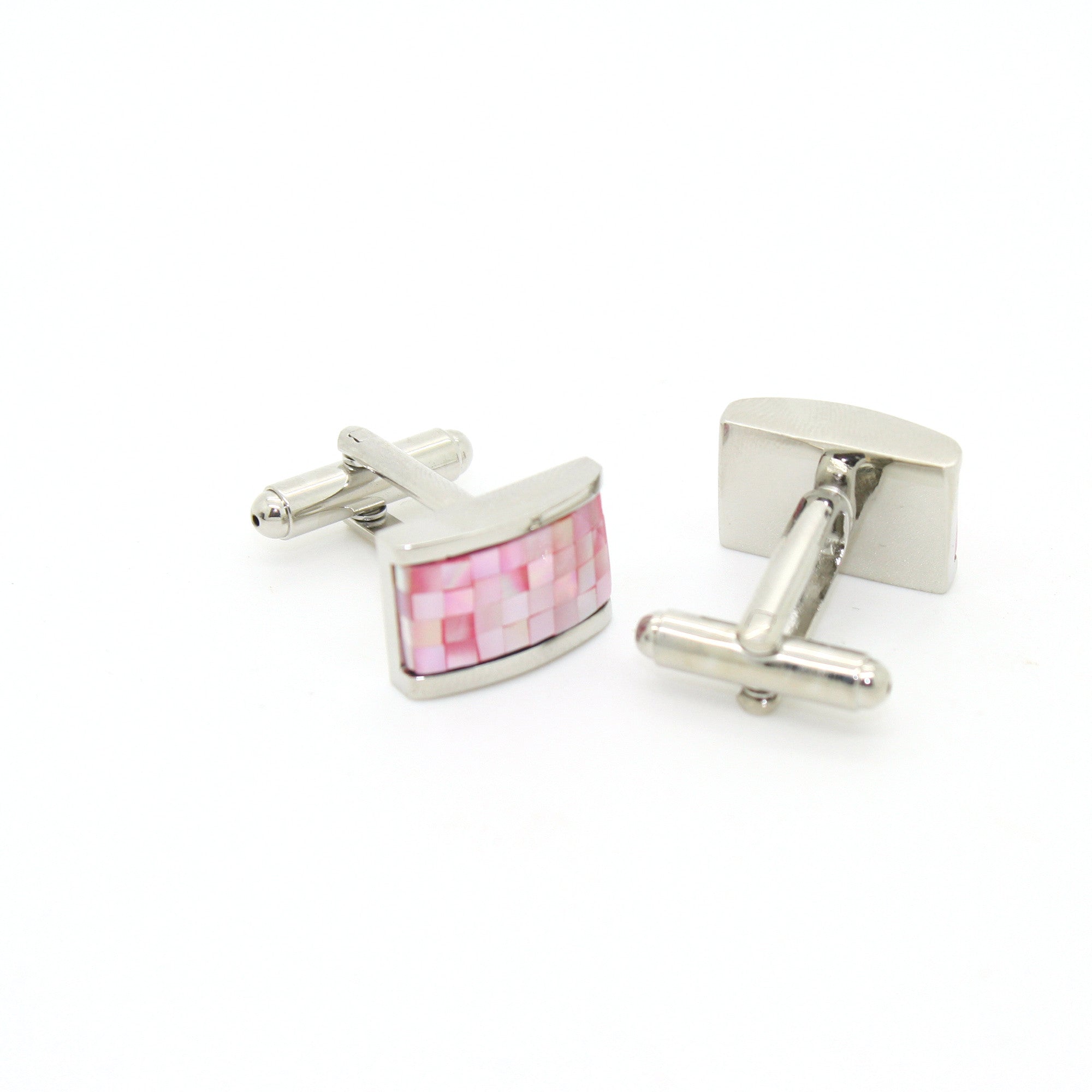 Silvertone Pink Rectangle Shell Cuff Links With Jewelry Box