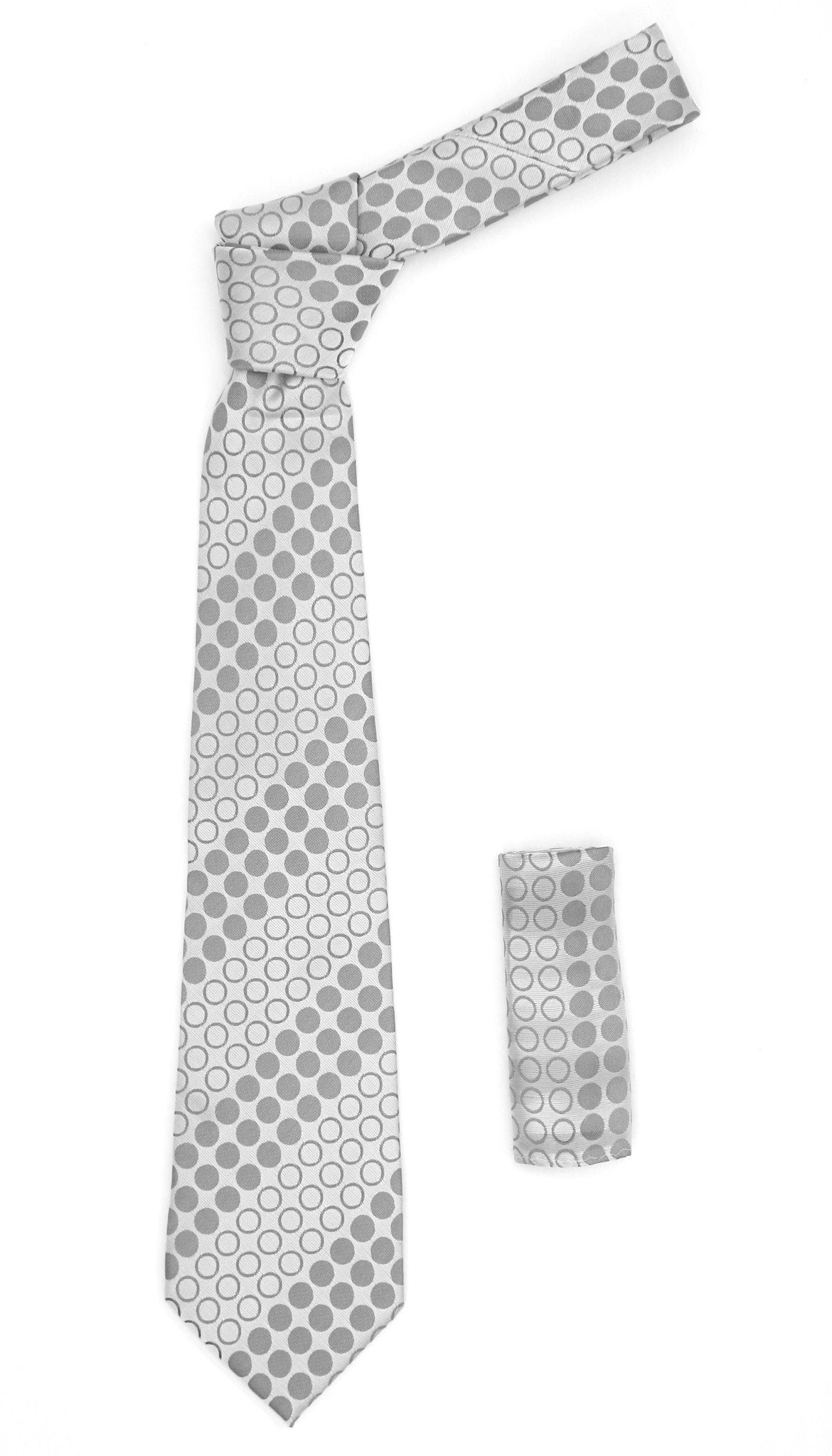 Geometric Silver Necktie w. Grey Circles w. Hanky Set