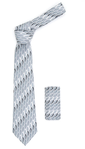 Geometric Light Grey Necktie w. Swirl Design Hanky Set