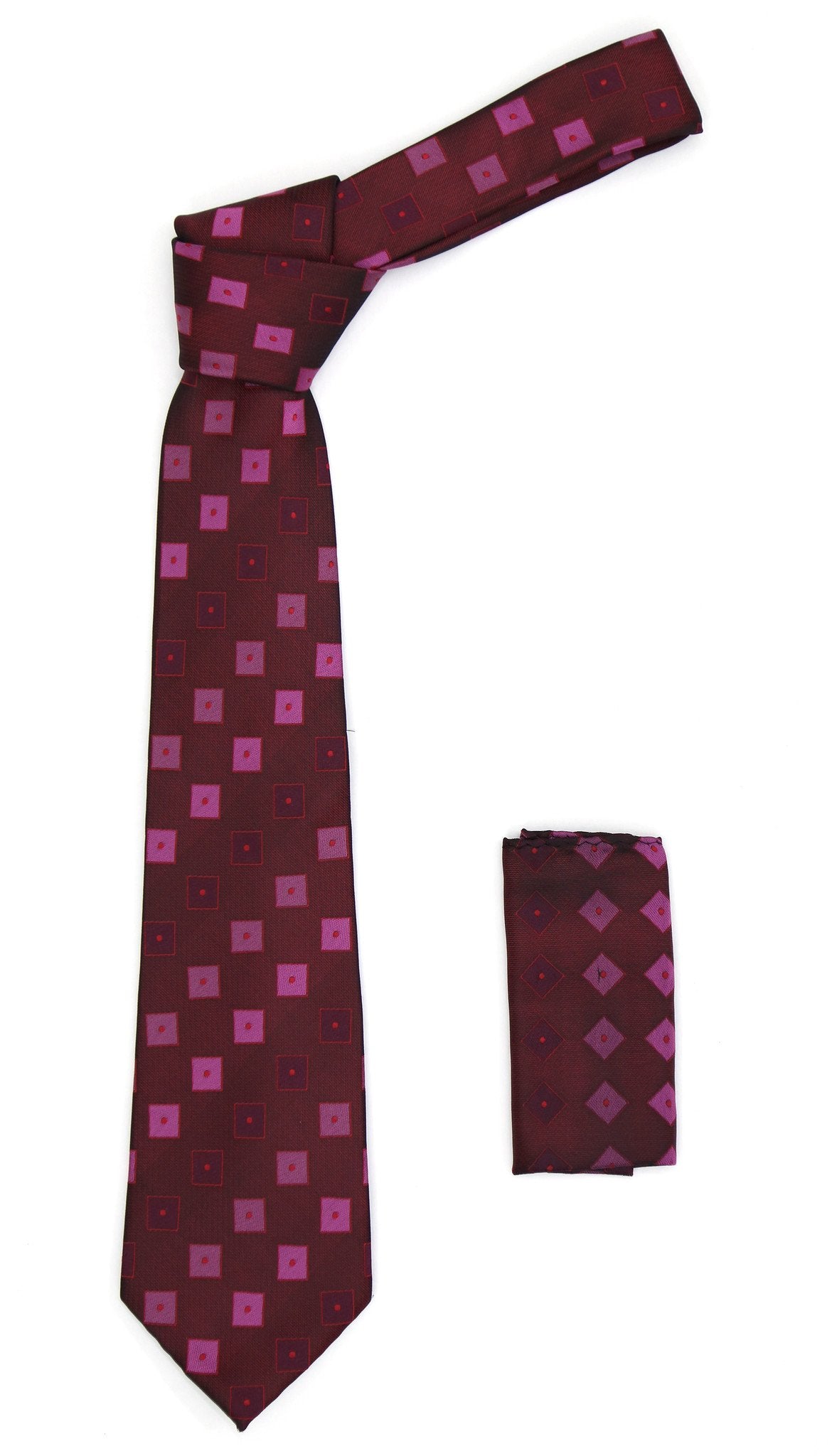 Geometric Berry Red Necktie w. Dotted Squares Hanky Set