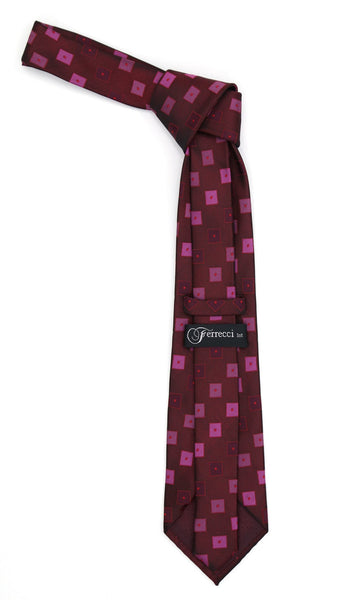 Geometric Berry Red Necktie w. Dotted Squares Hanky Set
