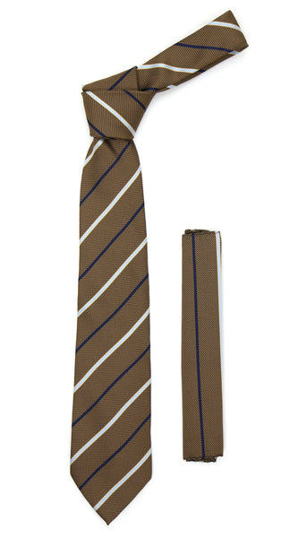 Microfiber Brown Baby Blue Striped Tie and Hankie Set