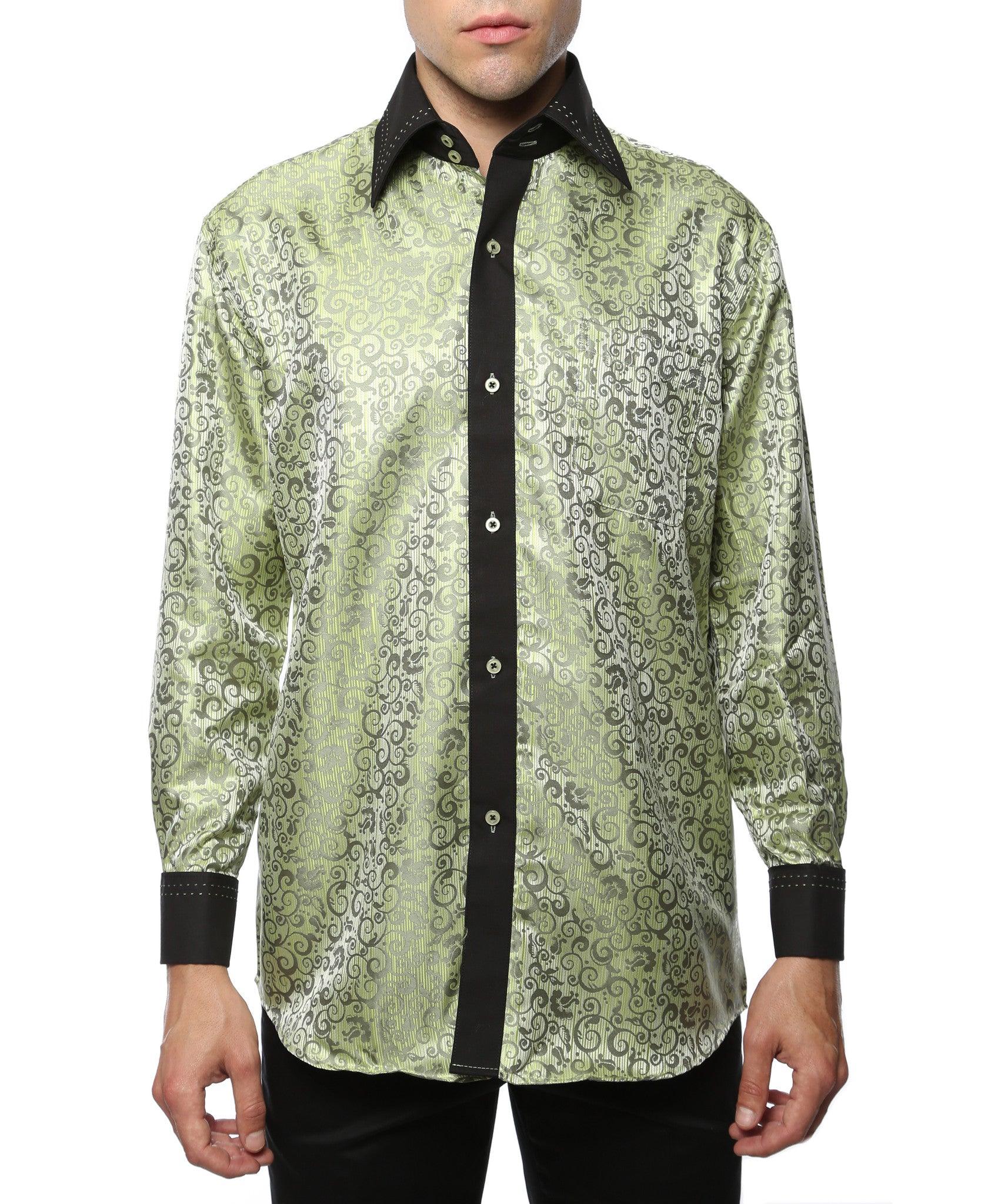 Ferrecci Men's Satine Hi-1008 Green Pattern Button Down Dress Shirt - Ferrecci USA 