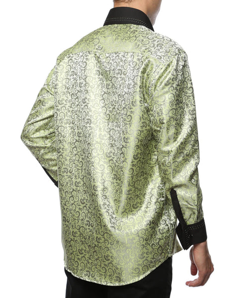 Ferrecci Men's Satine Hi-1008 Green Pattern Button Down Dress Shirt - Ferrecci USA 