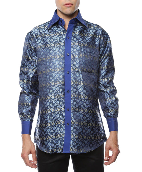 Ferrecci Men's Satine Hi-1009 Blue Flower Button Down Dress Shirt - Ferrecci USA 