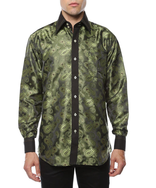 Ferrecci Men's Satine Hi-1010 Green Paisley Button Down Dress Shirt - Ferrecci USA 
