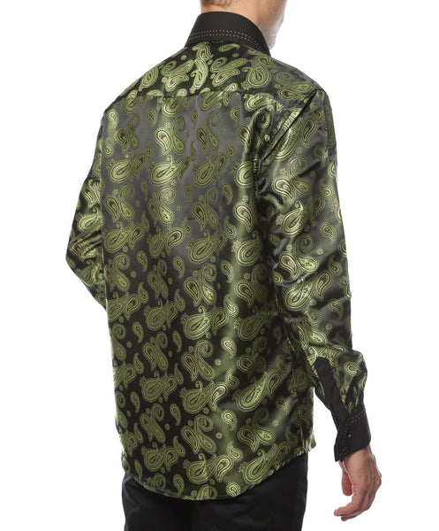 Ferrecci Men's Satine Hi-1010 Green Paisley Button Down Dress Shirt - Ferrecci USA 