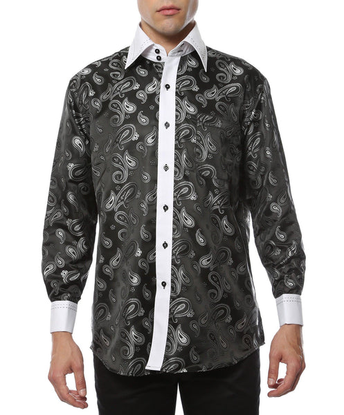 Ferrecci Men's Satine Hi-1014 White & Black Paisley Button Down Dress Shirt - Ferrecci USA 