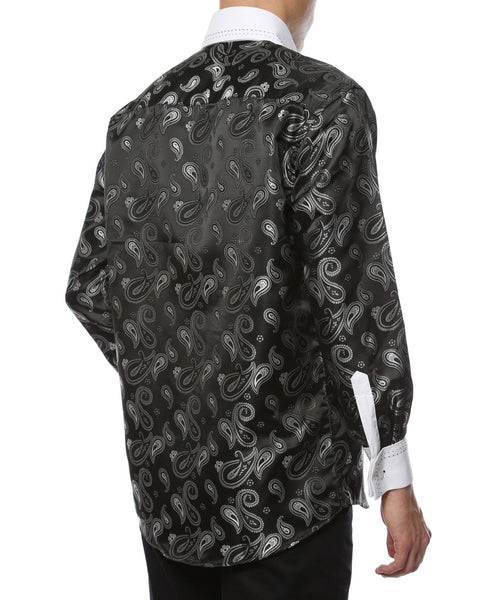 Ferrecci Men's Satine Hi-1014 White & Black Paisley Button Down Dress Shirt - Ferrecci USA 