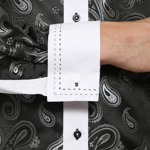 Ferrecci Men's Satine Hi-1014 White & Black Paisley Button Down Dress Shirt - Ferrecci USA 