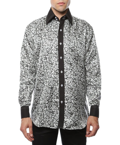 Ferrecci Men's Satine Hi-1021 Black & White Pattern Button Down Dress Shirt - Ferrecci USA 