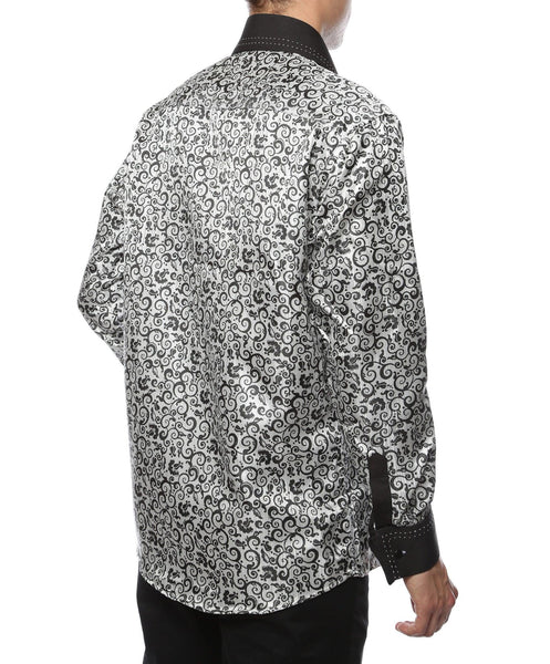 Ferrecci Men's Satine Hi-1021 Black & White Pattern Button Down Dress Shirt - Ferrecci USA 