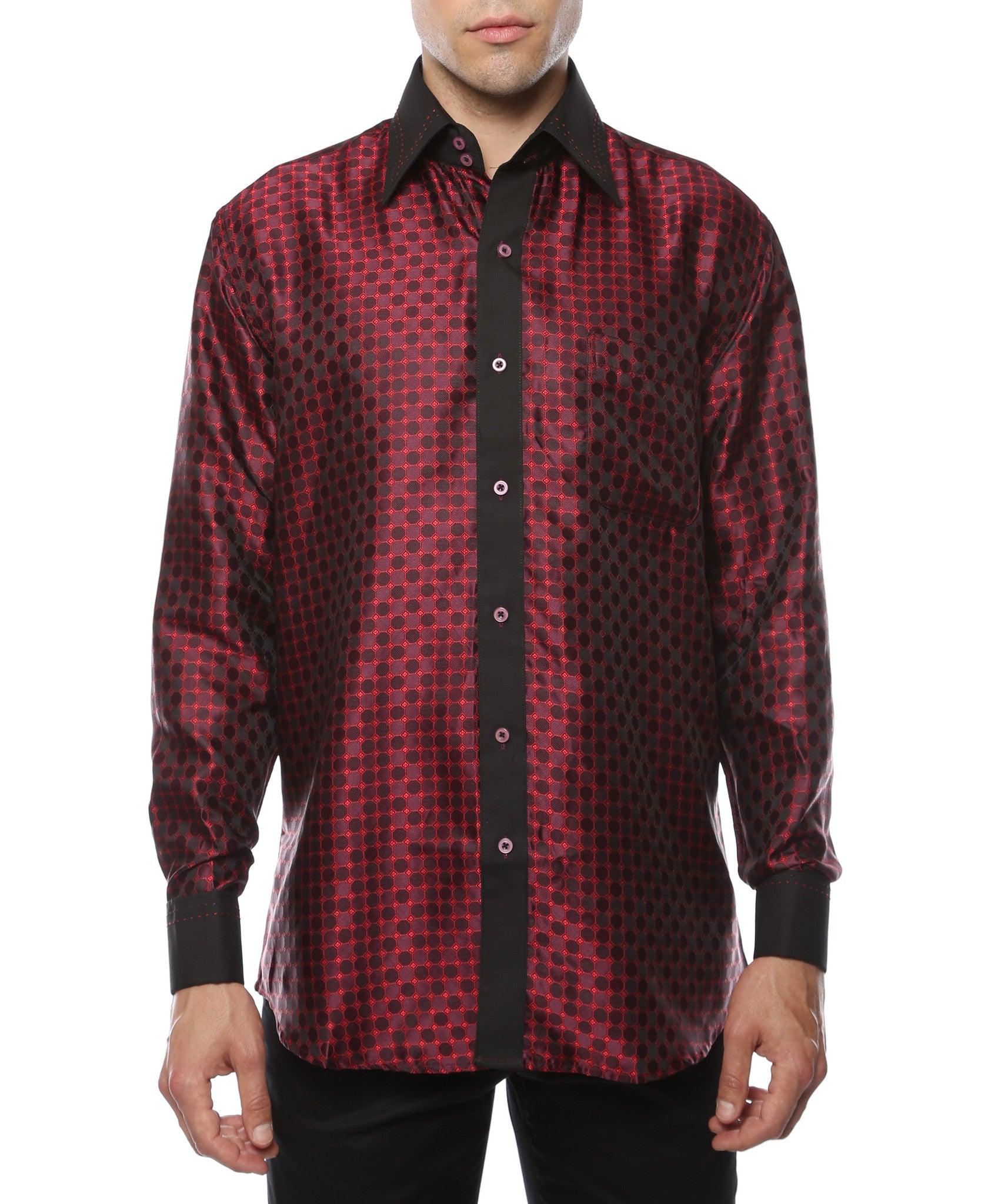 Ferrecci Men's Satine Hi-1023 Burgundy Red and Black Circle Pattern Button Down Dress Shirt - Ferrecci USA 